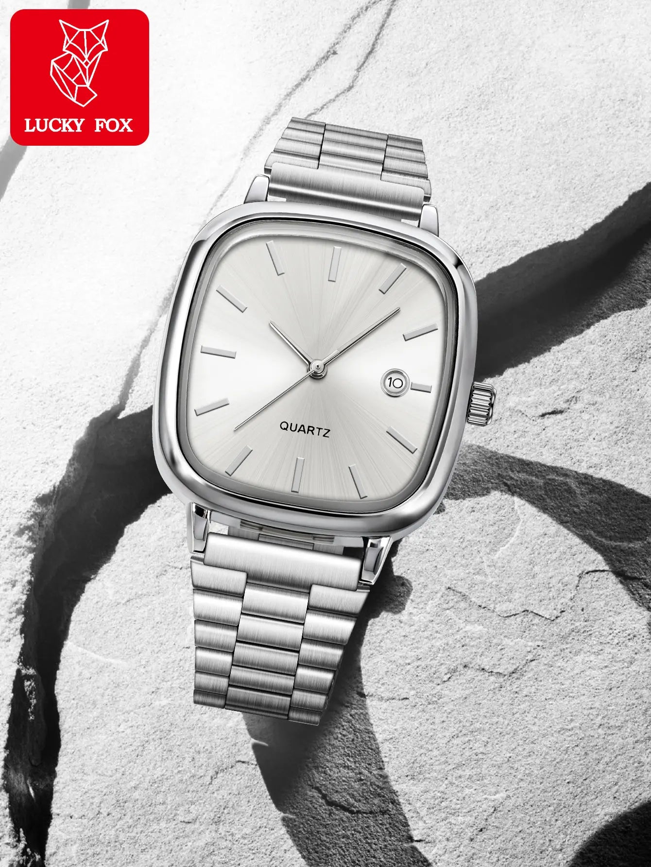 LUCKY FOX Modern minimalist square watch Business mens metal watch stainless steel chain multi-scene commuter watch