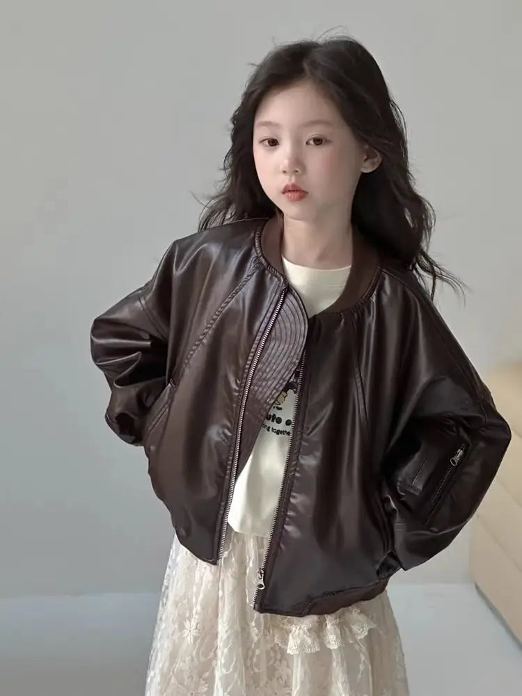 Girls' outerwear Spring and Autumn 2025 New Fashionable Outerwear Short Leather Jacket Autumn Clothing for Children