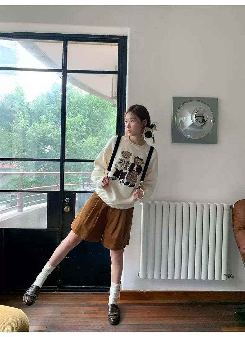 Sweater cartoon small bag core yarn needle retro women's  loose round neck knitted sweater new print black