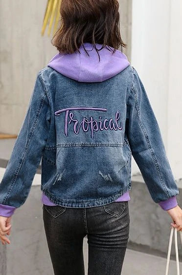 Outerwears Embroidered Spring Autumn Hooded Female Jeans Coat with Print Graphic Women's Denim Jackets Luxury Low Price Harajuku