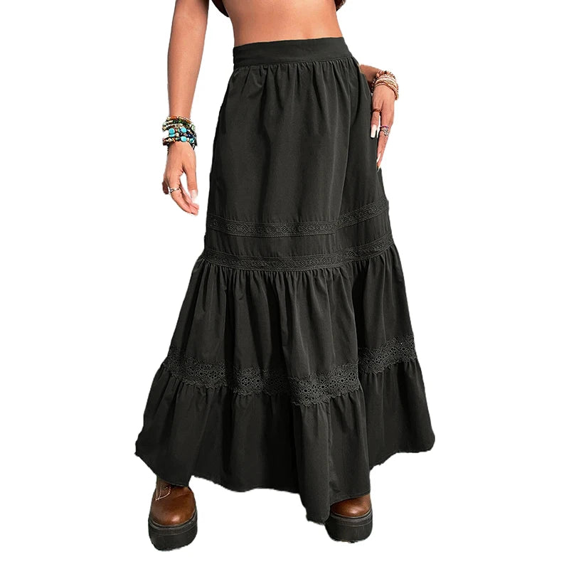 Skirts For Woman Green Pleated Skirts Korean Fashion Holiday Boho Waist Long Skirts Retro Y2K Fairycore Cute Lace Trim Clothes