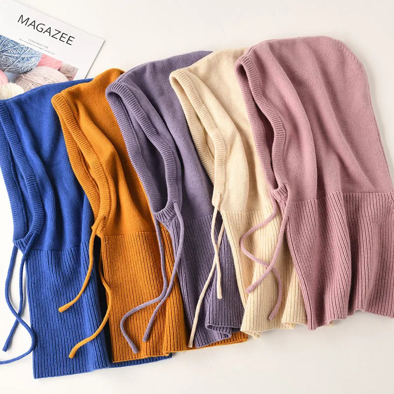 Winter Hats for Women, Wool Blend Hooded Scarf Hat for Girls Balaclava Knit Skull Cap Beanie Hat Neck Gaiters