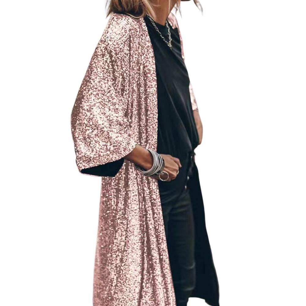 Women Coat Comfy Loose Outerwear Outwear Windproof  Stylish Shining Sequins Cardigan Jacket Top