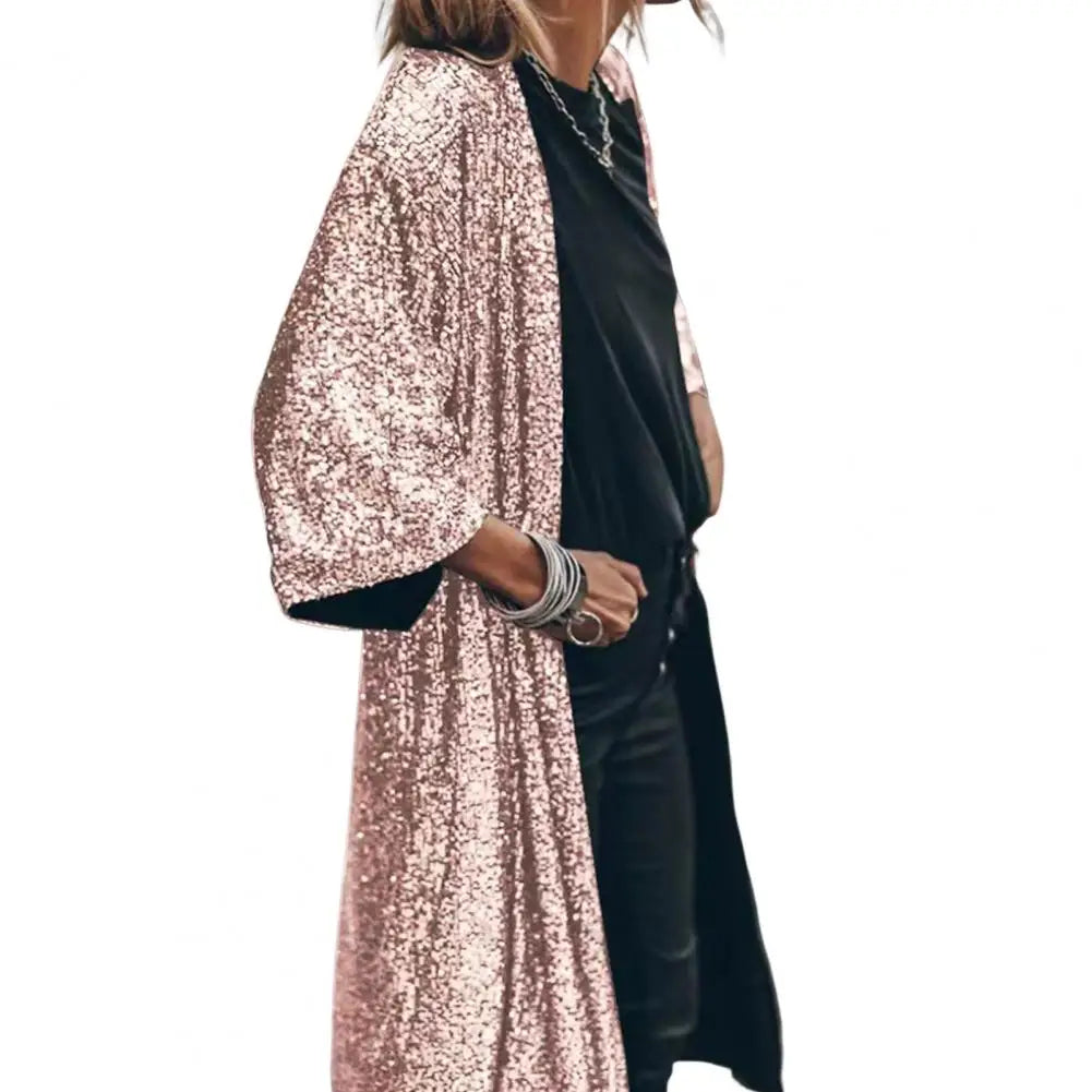 Women Coat Comfy Loose Outerwear Outwear Windproof  Stylish Shining Sequins Cardigan Jacket Top