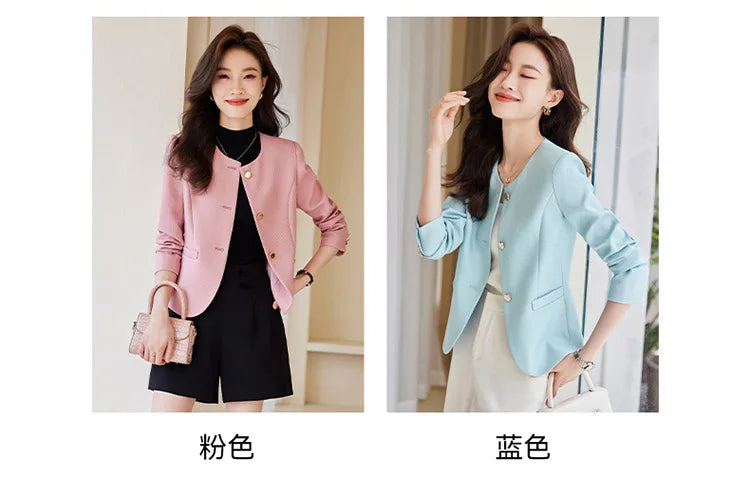 High quality blazer for women short jacket single breasted O neck spring autumn elegant office clothes pink yellow blue white