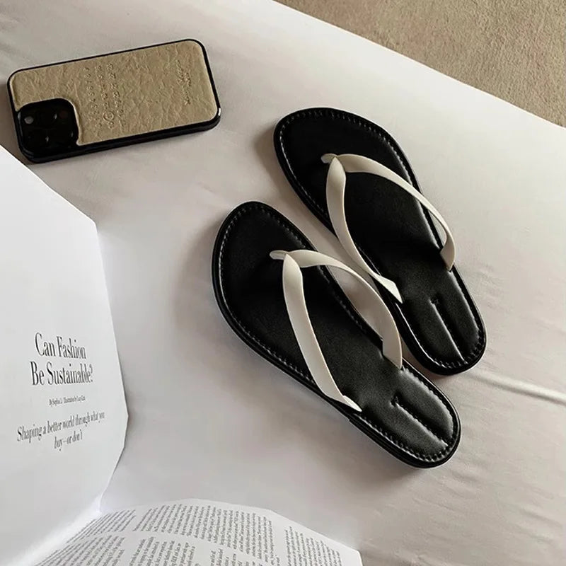 Slippers Casual Low Female Shoes Rubber Flip Flops Slides Luxury 2025 Summer Flat Hawaiian PU Hoof Heels Rome Scandals Fabric Si