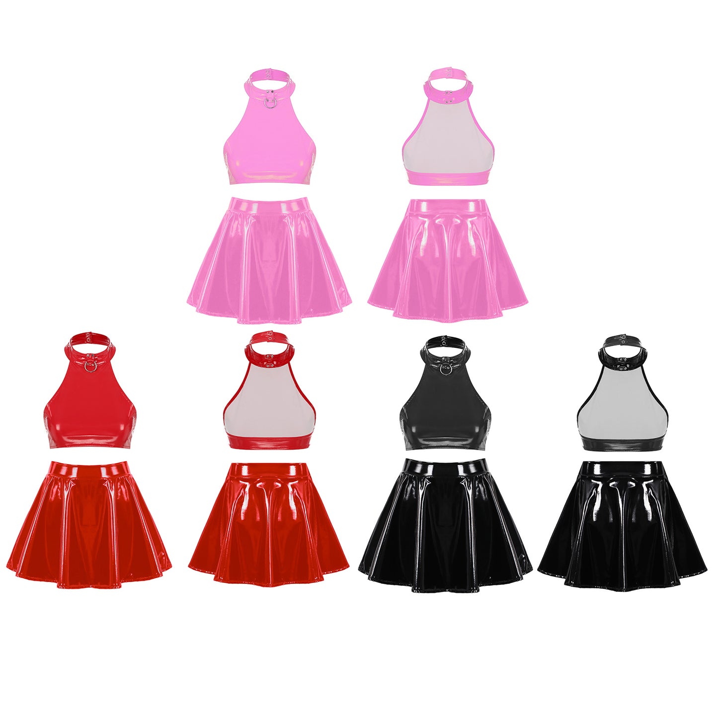 Womens Two Pieces Rave Party Outfits O Ring Halter Vest Tops Backless Patent Leather Crop Top with Invisible Zipper Flared Skirt
