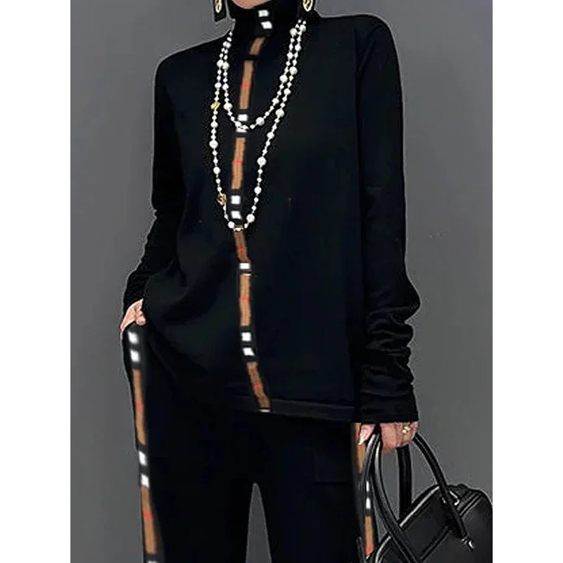 2025 Trousers Sets Women's Two Pieces Set New Spring Elegant Contrast Color High Neck Long Sleeves Wide Leg Pants Suit