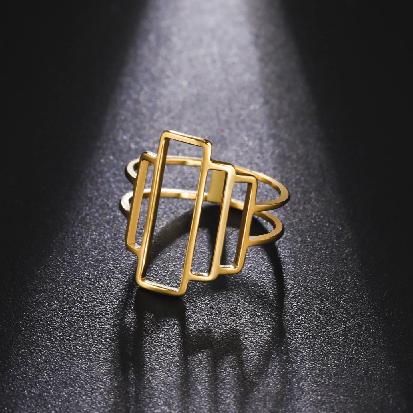 Fashionable and minimalist rectangular geometric ring with hollowed out lines geometric building ring minimalist couple ring