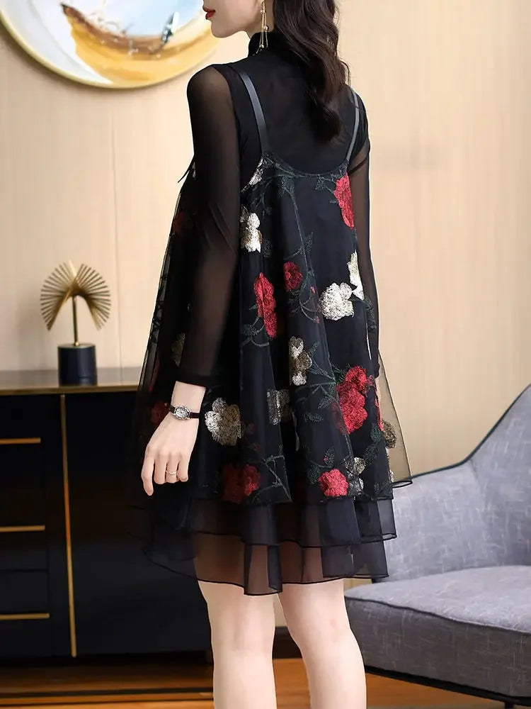 Vintage Stylish Floral Embroidery Dresses Spring Autumn Two Piece Set Female Clothing Gauze Patchwork A-Line Slip Mini Dress New
