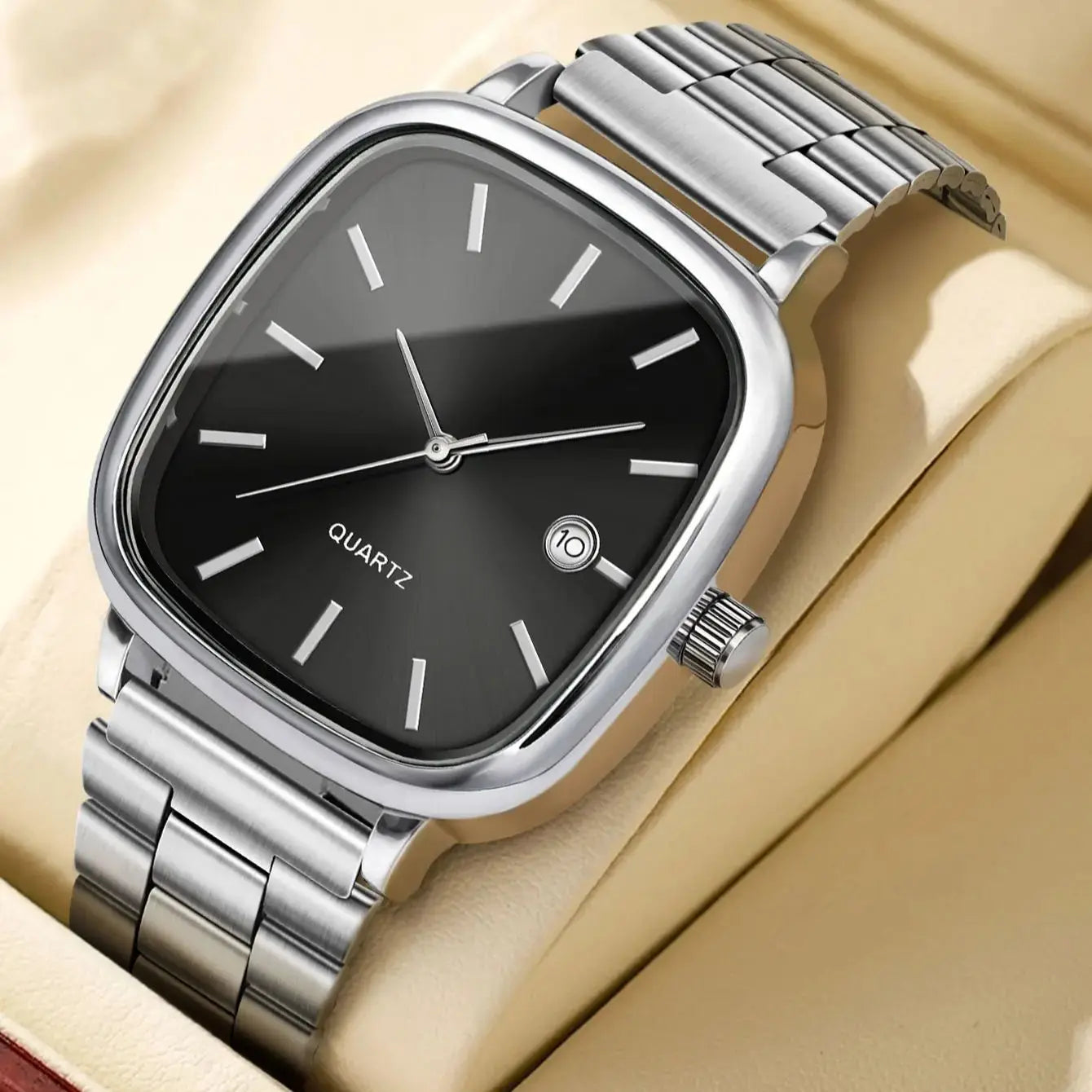 LUCKY FOX Modern minimalist square watch Business mens metal watch stainless steel chain multi-scene commuter watch