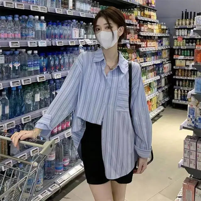 Striped Shirts & Blouses For Women Elegant Chic High Quality Clothing Trend 2025 Pretty Promotion Youth Cool Button Up Woman Top