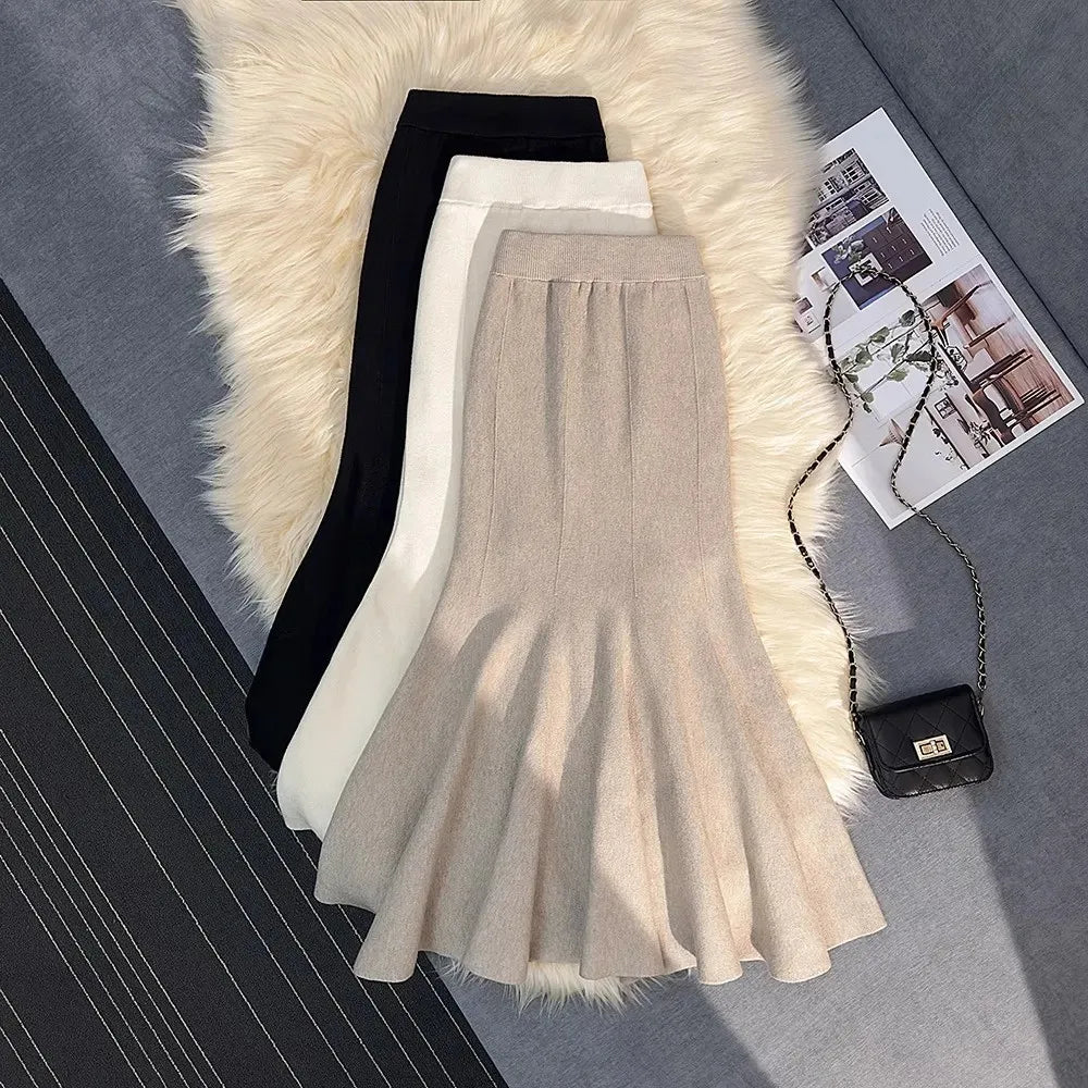 Knitting Skirts For Women Fashion High Waist Slim Trumpet Mermaid Skirts Office Ladies Casual Elegant Ankle Length Long Skirt