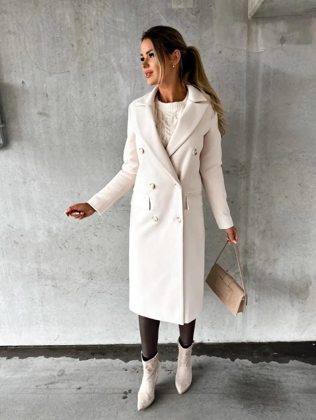Women Double Breasted Woolen Outerwear Solid Color Long Overcoat Commuter Style Turndown Collar Lady Outerwear for Autumn Winter