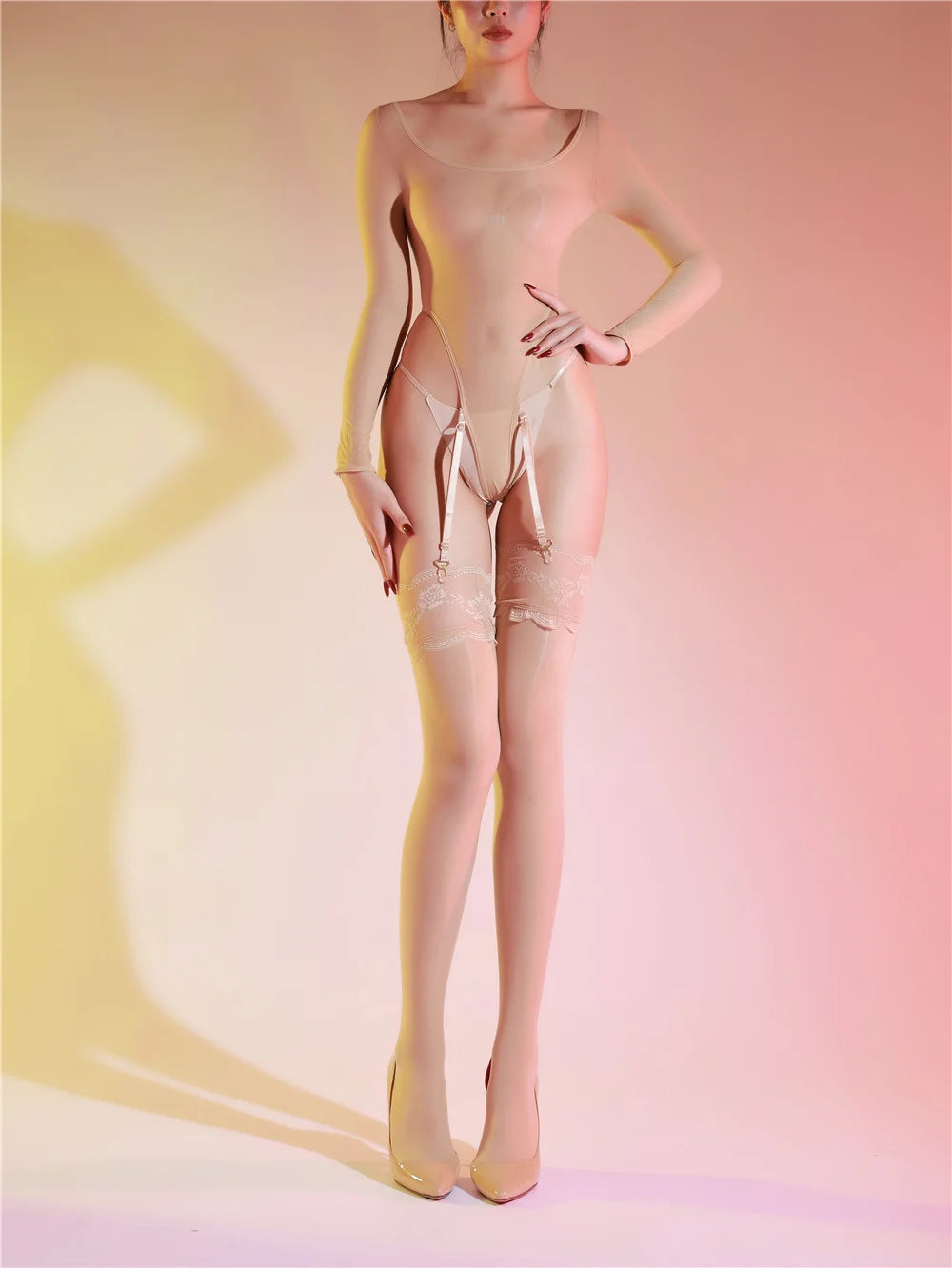 Sexy Women Garter High Cut Bodysuit Sheer See Through 5DThin Shaper Tights Bandage Elastic Leotard Pajamas Maid Wear