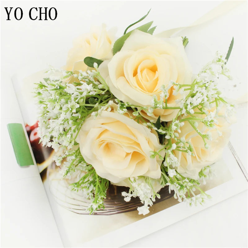 Bridal Bridesmaids Bouquets with Bowknot Ivory Roses Silk Flowers Bouquet for Valentine's Day Marriage Wedding Bride Photography