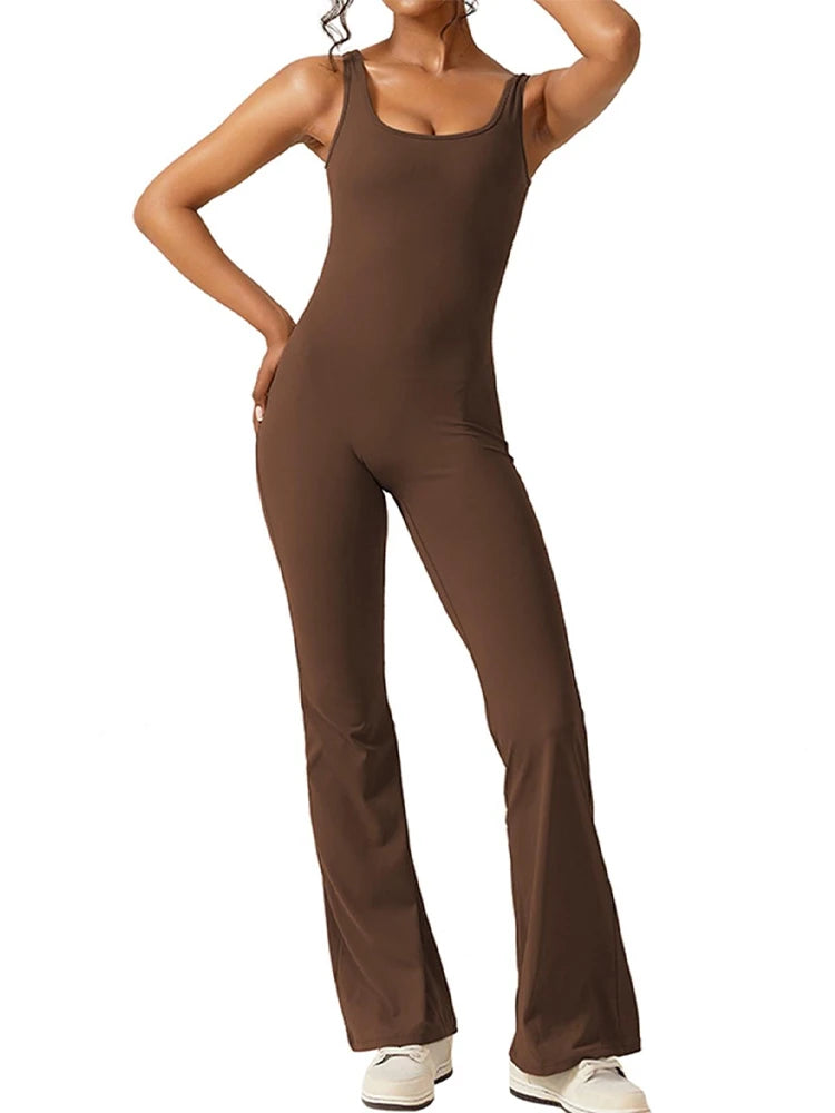 Women's Fitness Flared Bodysuit Sexy Backless Fitness Tight Waistband Hipless Yoga Bodysuit V Back Waistband Hip Lift