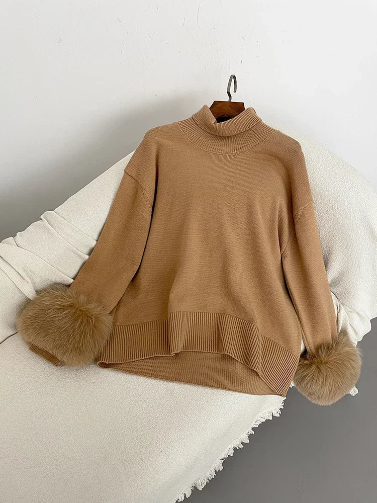 Sweater Women 2024 Autumn Winter Fashionable Sweaters with Real Fox Fur Sleeves Slim Fit Sweaters Fur Knitwear England Style