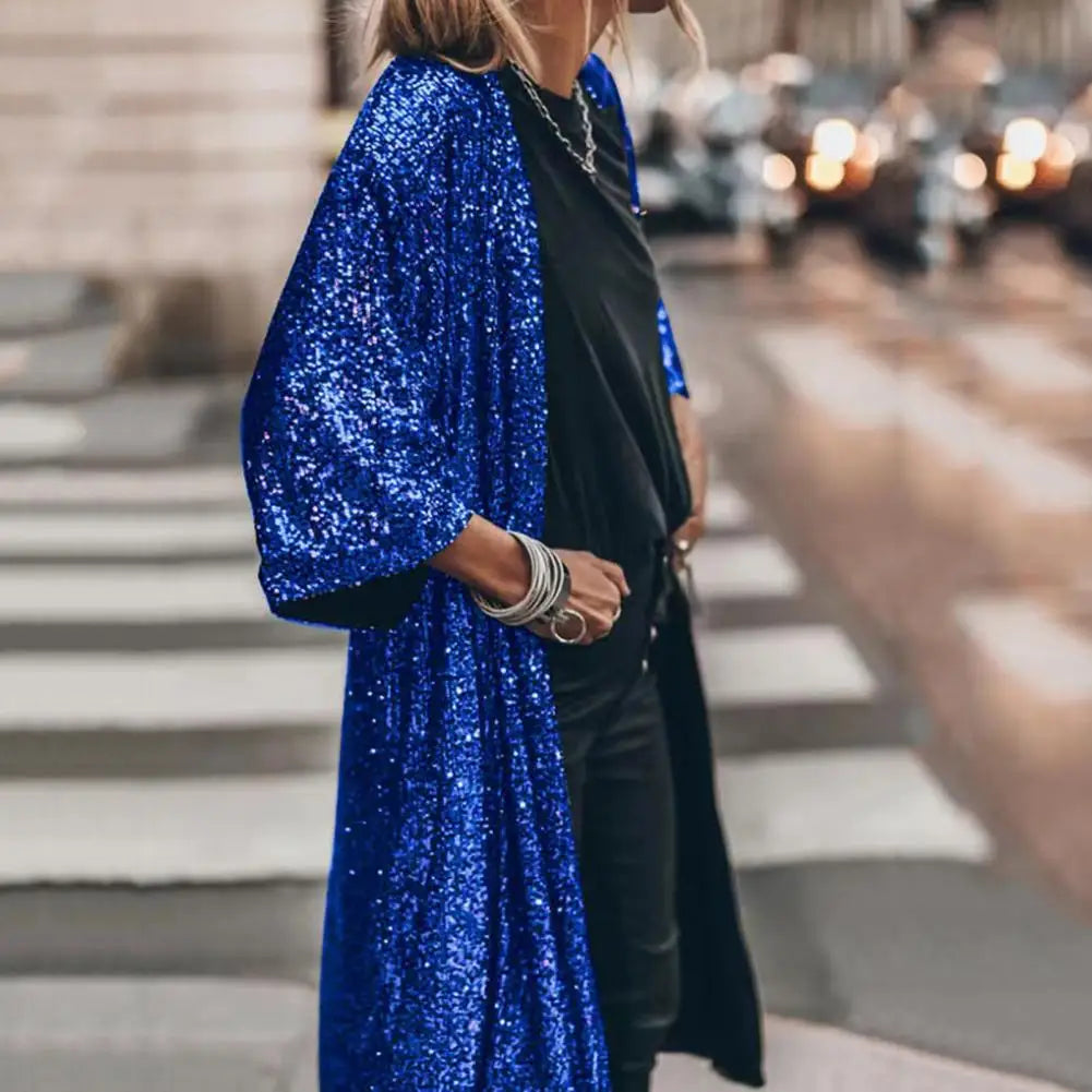 Women Coat Comfy Loose Outerwear Outwear Windproof  Stylish Shining Sequins Cardigan Jacket Top