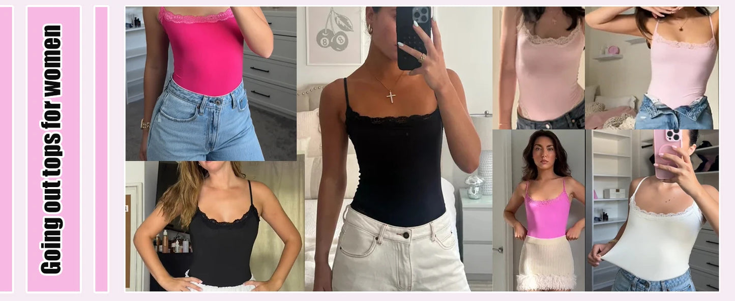 Women Lace Bodysuit Sexy Square Neck Sleeveless Cami High Leg Thong Bodysuit Body Suits Tank Tops Leotard Going Out