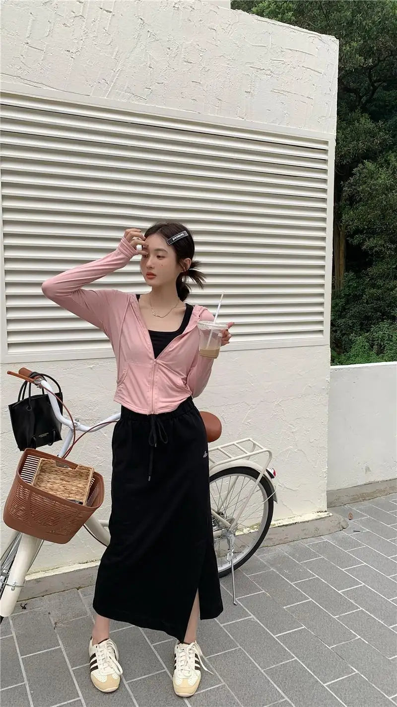 Hooded Jackets Women Thin Sunscreen Solid Fashion Summer Long Sleeve Cropped Coats All-match College Breathable Sporty Popular