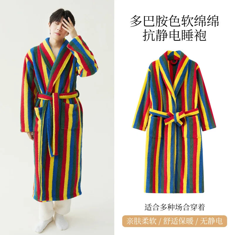 2025 New Autumn/Winter Women's Sleepwear Thick Velvet Warm Robe Couple Coral Velvet Striped Lengthed Home Clothes Bathrobe