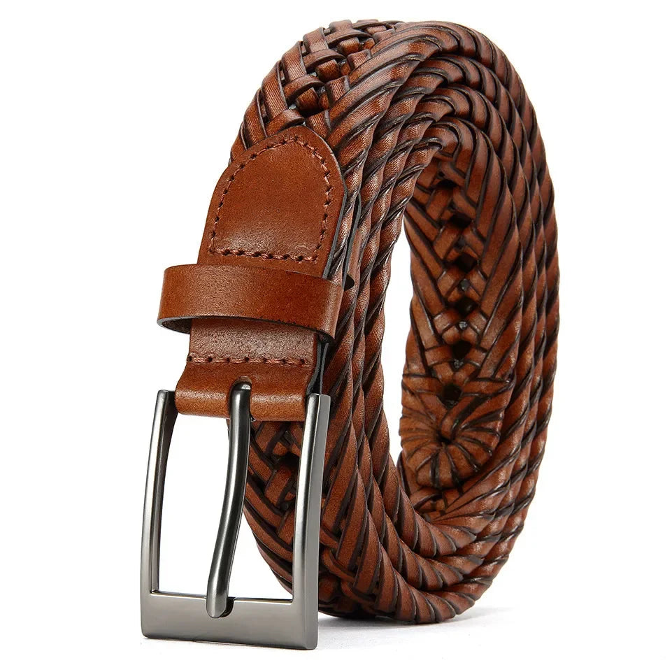 Men Belts Genuine Leather LONG Large Pin Buckle Metal Automatic Buckle High Quality Braided Vintage Casual for Jeans Women Strap