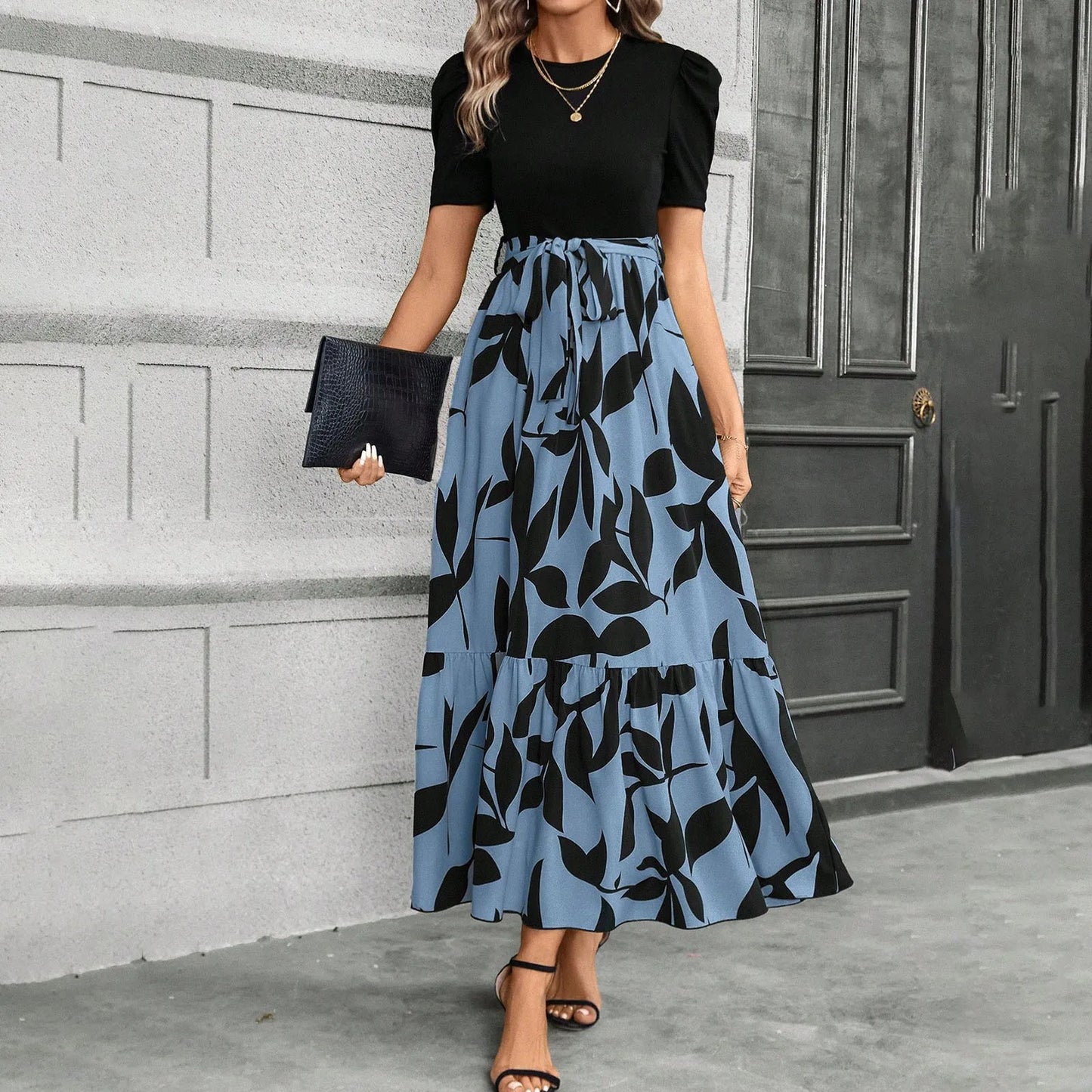 Elegant Women'S Dresses Floral Print High Waist Long Dresses Y2k Short Sleeved Round Neck Office Clothing Vestidos Para Mujer