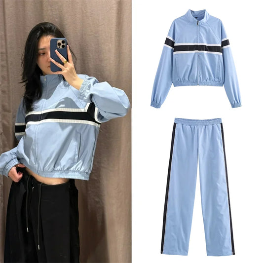Women's Suit 2025 Autumn New Style Blue Long-Sleeve Striped Decorative Jacket and Pants Suit Casual Fashion Everyday Sports