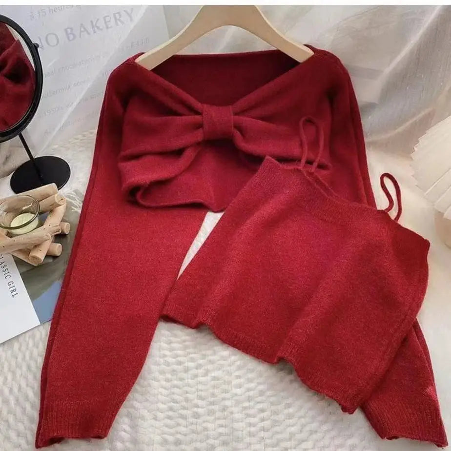Sweater Suit for Women Two-piece 2025 Autumn New Suspender Vest Bow Long Sleeve Short Top