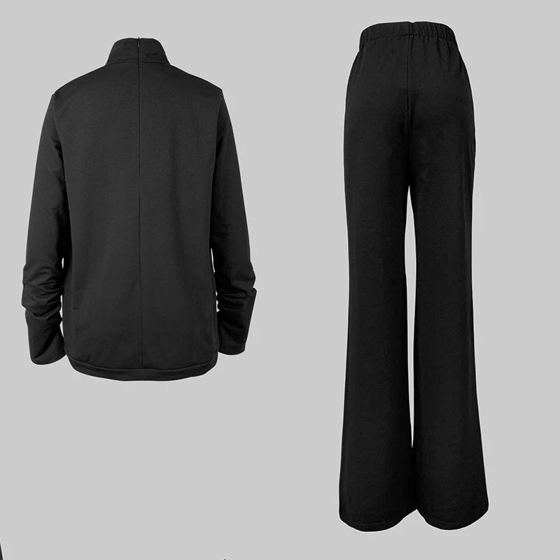 2025 Trousers Sets Women's Two Pieces Set New Spring Elegant Contrast Color High Neck Long Sleeves Wide Leg Pants Suit