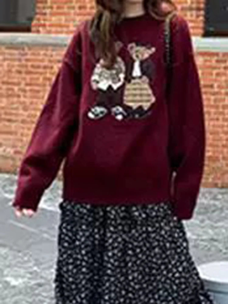 Sweater cartoon small bag core yarn needle retro women's  loose round neck knitted sweater new print black