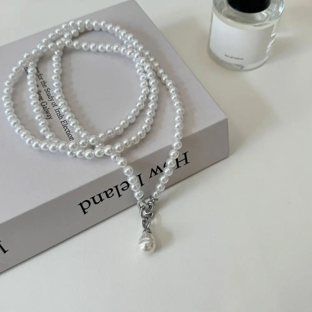 Sweet Elegant Pearl Beaded Necklace White Multilayer Pearl Choker Long Simple Pearl Pendant Accessory Women