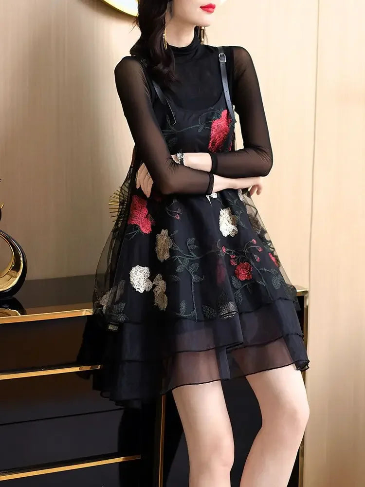 Vintage Stylish Floral Embroidery Dresses Spring Autumn Two Piece Set Female Clothing Gauze Patchwork A-Line Slip Mini Dress New