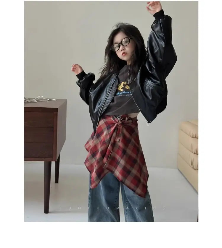 Girls' outerwear Spring and Autumn 2025 New Fashionable Outerwear Short Leather Jacket Autumn Clothing for Children