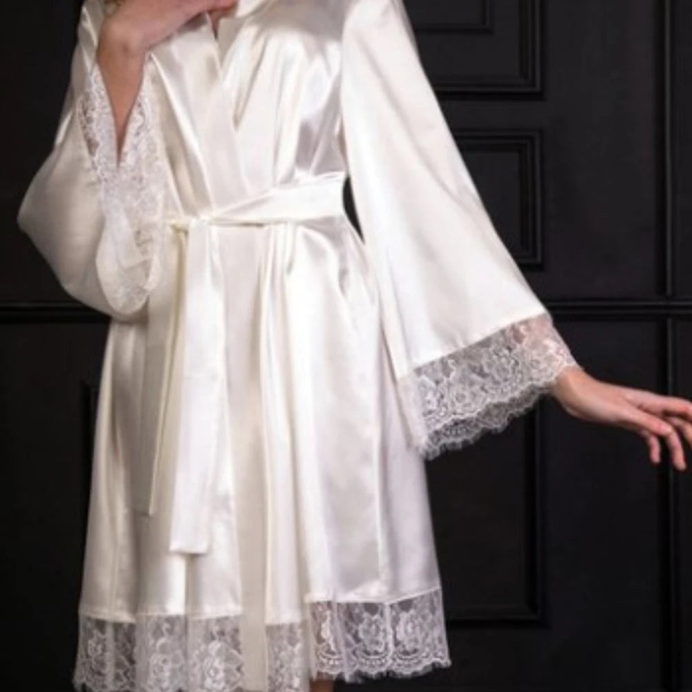 Women's Robes Comfortable Ice Silk Ultra-Thin Sleepwear Sexy Lace Edge Nightgowns Female Sleep Shirts Solid Color Night Dress