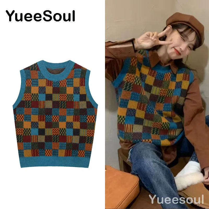 Sweet Kawaii Sweater Vest Printed Sleeveless Casual Outerwear Knitted Waistcoat 2023 Vintage Y2K Spring  E Girl Pullovers Tops