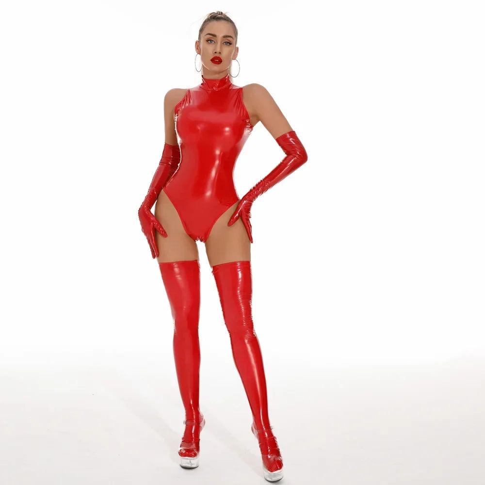 Sexy Women Wetlook High Cut Bodysuit Cosplay Shiny Maid Tight PU Faux Leather Elastic Club Dance Leotard Sexy Lingerie Costume