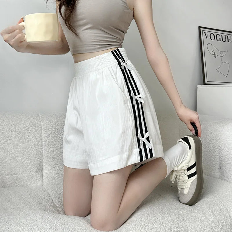 Summer Oversized Shorts Women Striped Bow Fashionable Large Wide Leg Casual Shorts Thin Quick Drying High Waist Straight Shorts