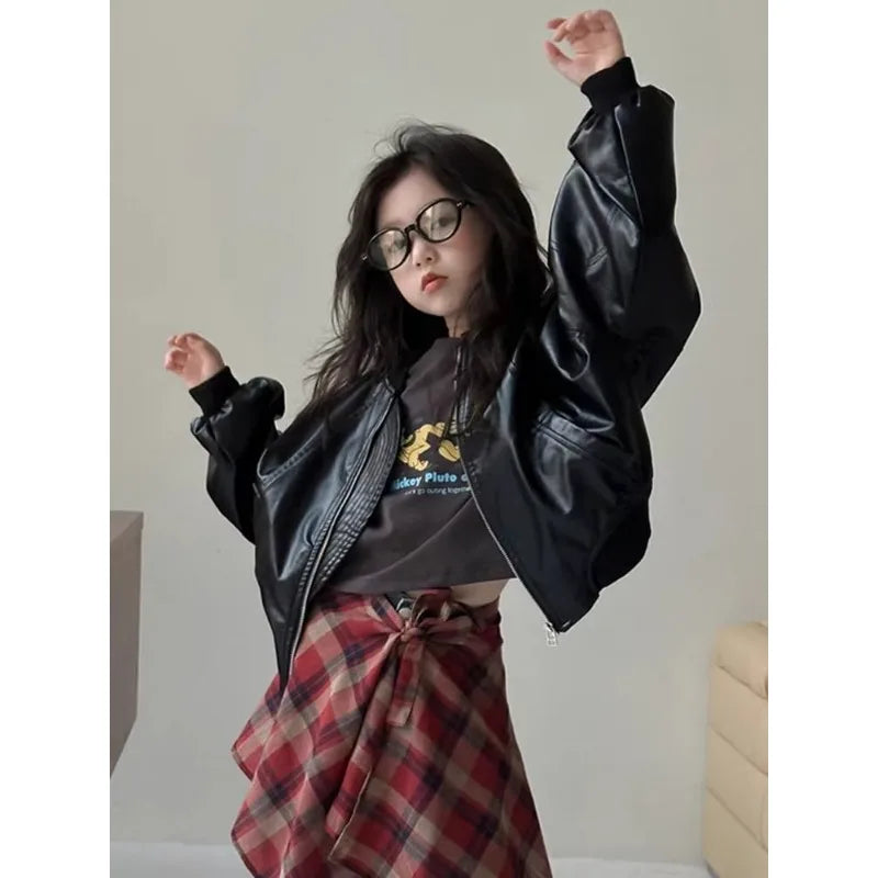 Girls' outerwear Spring and Autumn 2025 New Fashionable Outerwear Short Leather Jacket Autumn Clothing for Children