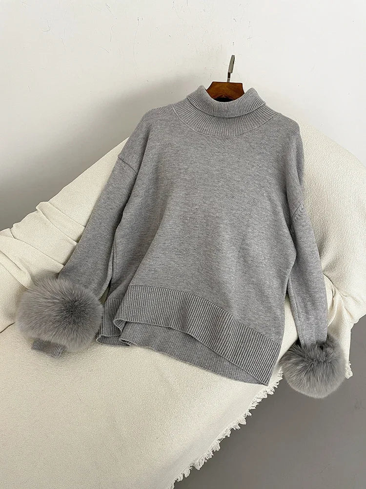 Sweater Women 2024 Autumn Winter Fashionable Sweaters with Real Fox Fur Sleeves Slim Fit Sweaters Fur Knitwear England Style