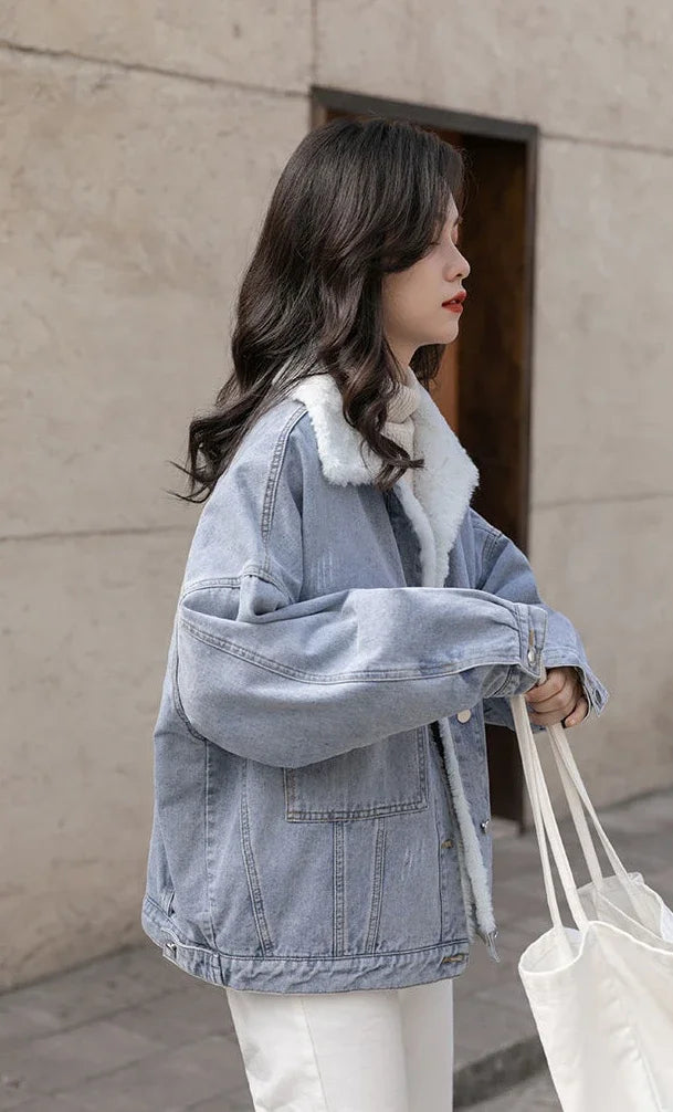 Outerwear Wool Inside Plain Warm Blue Denim Jacket for Women with Fur Plush Woman Jean Coat Winter 2025 Cold Padded Korean Outer