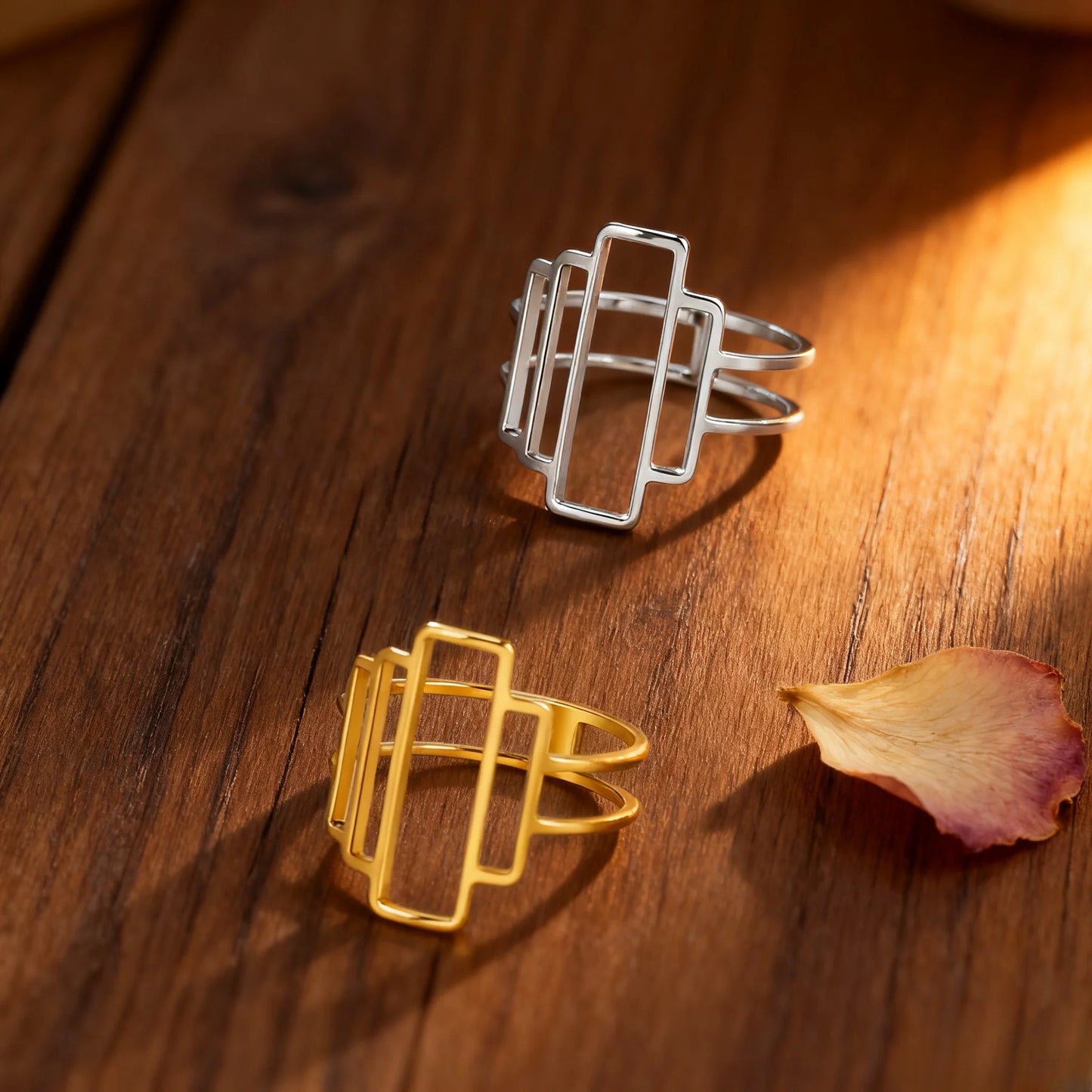 Fashionable and minimalist rectangular geometric ring with hollowed out lines geometric building ring minimalist couple ring