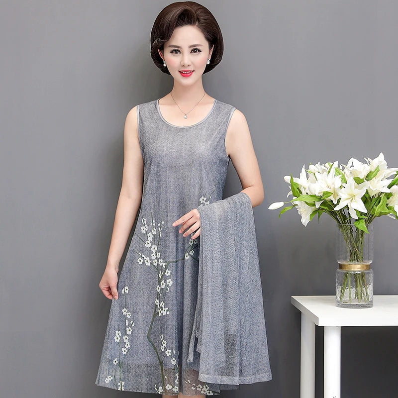 Elegant Dresses Women NEW Summer Casual Retro Temperament printing two Piece Set Dress Mother Dress plus Size