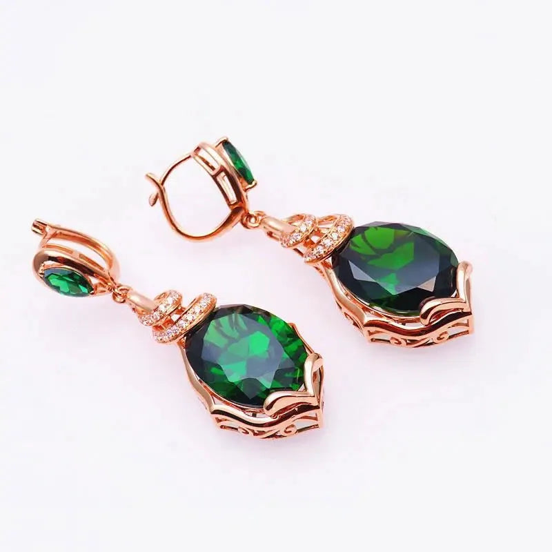 585 purple gold jewelry set plated 14K rose gold fashion luxury inlaid emerald earrings for women exquisite wedding necklace