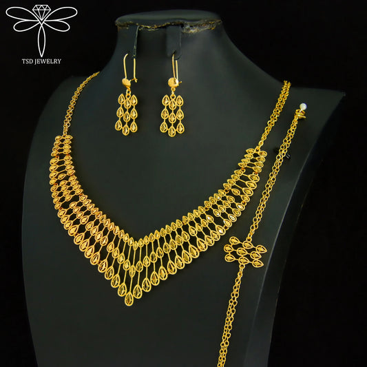 Gorgeous Dubai Wedding Jewelry Set 21k Gold Plated Turkish Vintage Bridal Necklace Bracelet Earrings Moroccan Marry Jewelrys