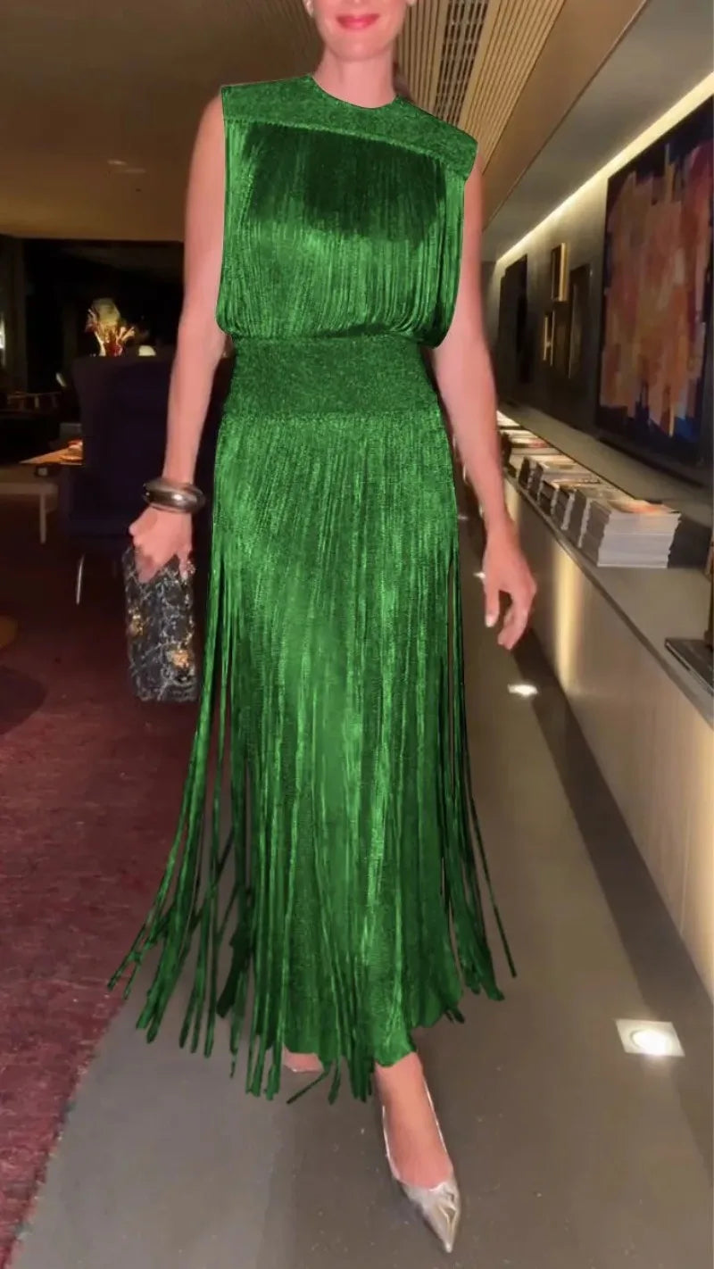 Two Piece Sets Fashion Sequin Fringed Dress for Women Streetwear Glitter Sleeveless Party Gown Elegant O-neck Long Dresses