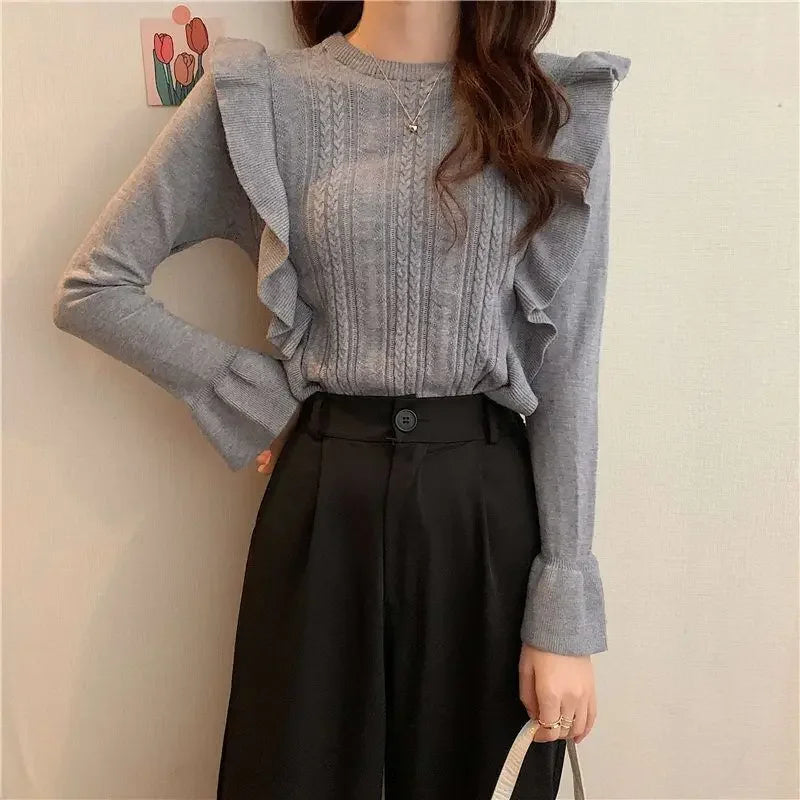 Ladies Sweaters Pullovers Round O Neck Grey Knitted Top for Women Jersey Winter 2025 Jumper Economics Long Sleeve Thermal Blouse