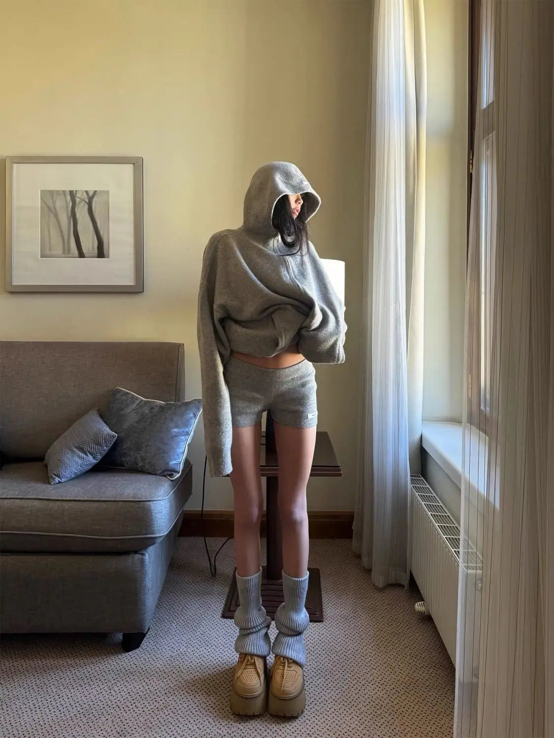 Sweater Set Women American Vintage Hooded Long Sleeve Cardigan Straight Shorts Grey Two Piece Outfit Fall Winter Streetwear Set