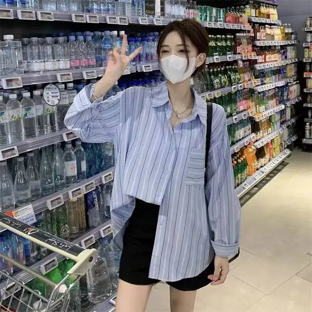 Striped Shirts & Blouses For Women Elegant Chic High Quality Clothing Trend 2025 Pretty Promotion Youth Cool Button Up Woman Top